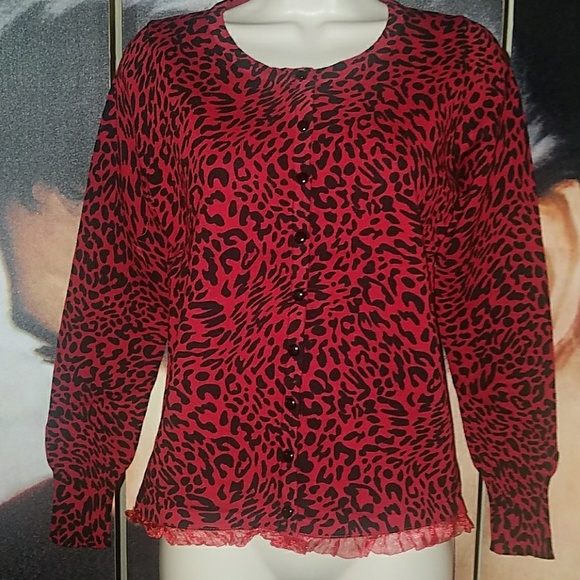 Too Fast Red Leopard Cardigan w Black Gothic Skull Lace Back Red Ruffle Trim - Picture 4 of 8